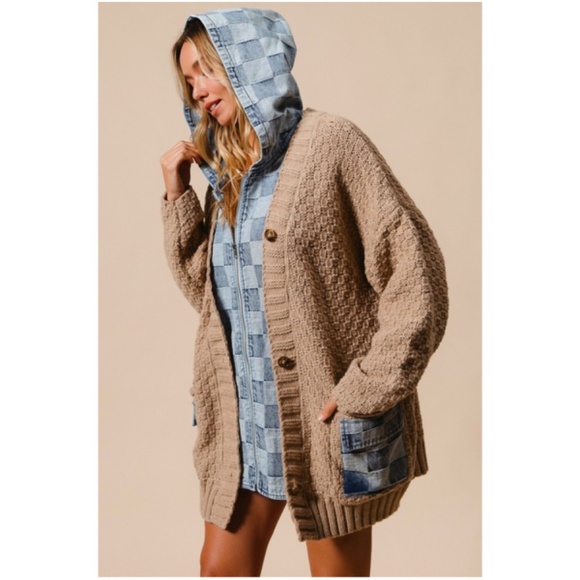 Cozy Checkered Plaid Denim Mixed Fabric Knit Cardigan Jacket Shacket - Picture 7 of 8